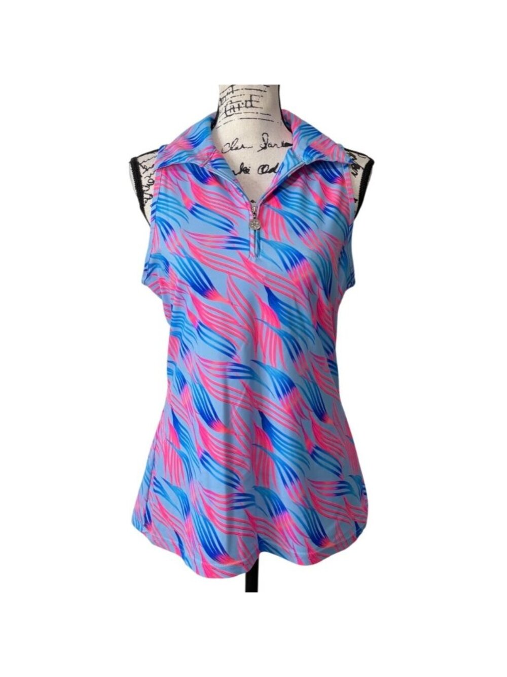Tzu Tzu Womens Size L Sleeveless Top 1/4 Zip Golf Polo Blue Pink Pickleball